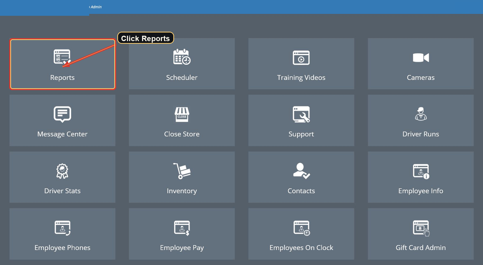 FoodTec home screen with an arrow pointing to Reports