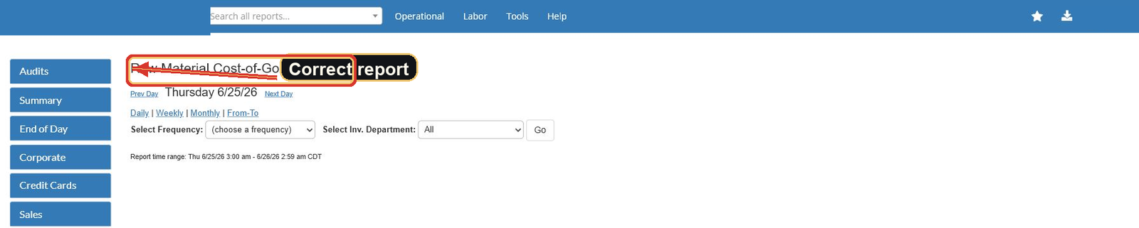 Raw Material Cost-of-Goods report screen with an arrow pointing to the report title